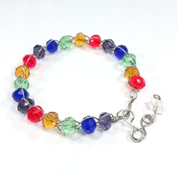 Rainbow Faceted Crystal Beaded Wire-Wrapped Bracelet - Picture 5 of 9